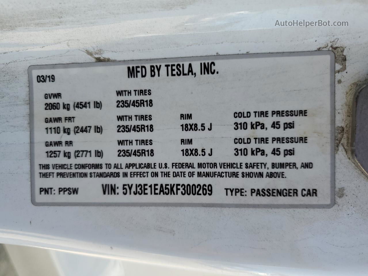 2019 Tesla Model 3  White vin: 5YJ3E1EA5KF300269