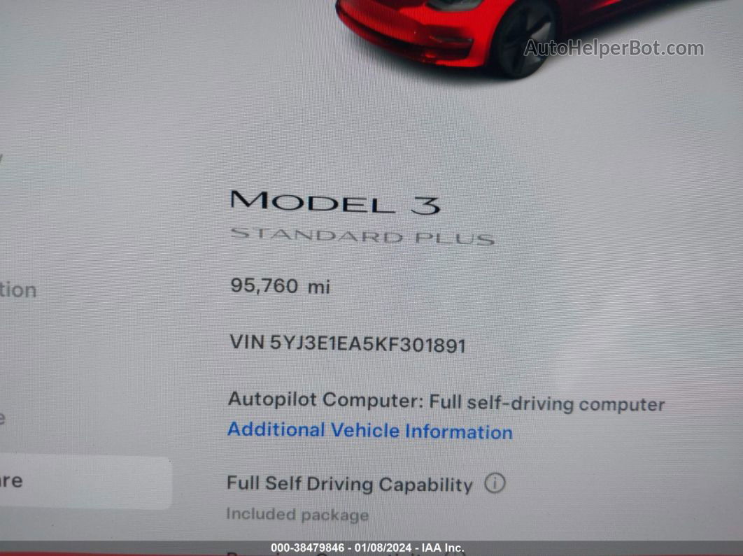 2019 Tesla Model 3 Long Range/mid Range/standard Range/standard Range Plus Red vin: 5YJ3E1EA5KF301891