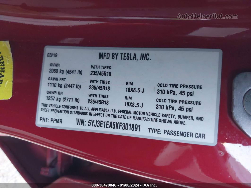 2019 Tesla Model 3 Long Range/mid Range/standard Range/standard Range Plus Red vin: 5YJ3E1EA5KF301891