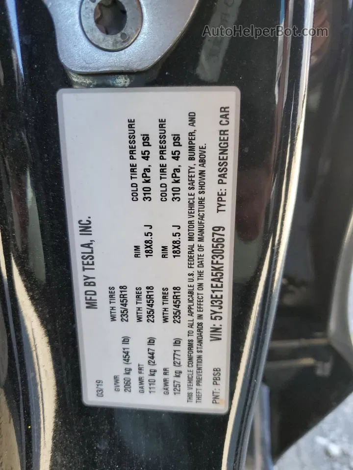 2019 Tesla Model 3  Черный vin: 5YJ3E1EA5KF305679