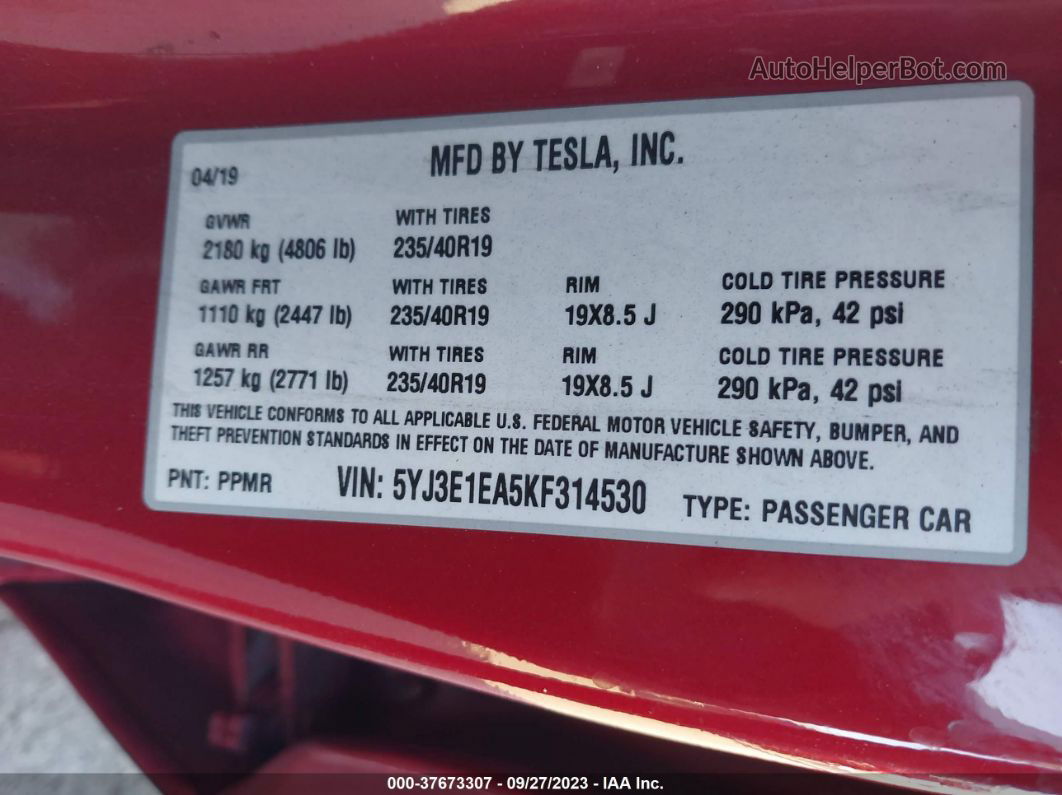 2019 Tesla Model 3 Range Red vin: 5YJ3E1EA5KF314530