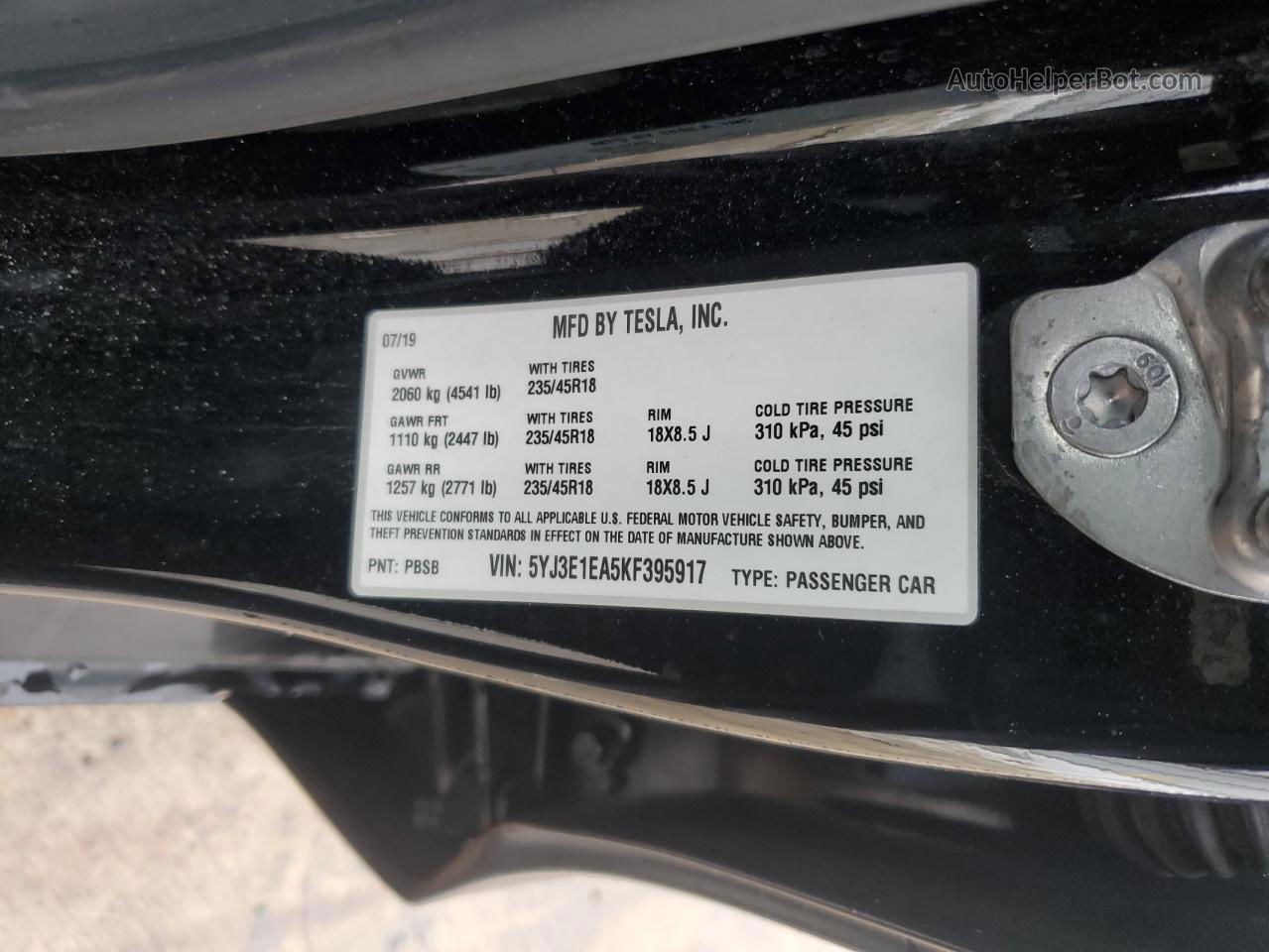 2019 Tesla Model 3  Black vin: 5YJ3E1EA5KF395917