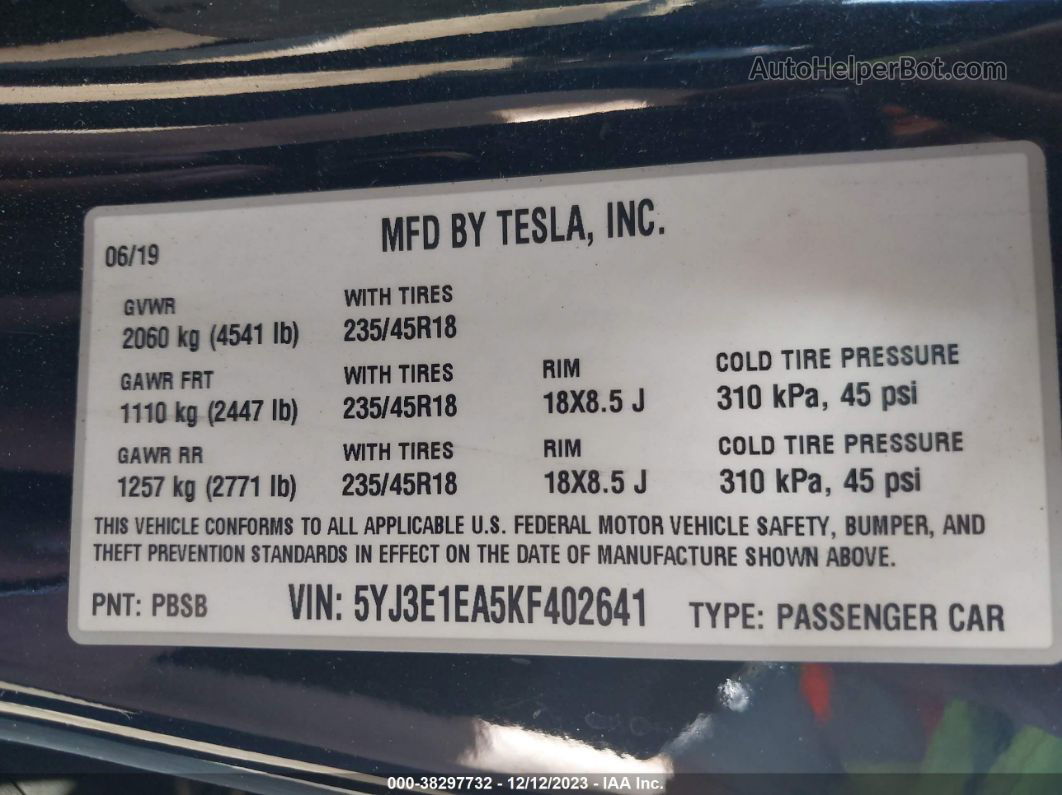 2019 Tesla Model 3 Long Range/mid Range/standard Range/standard Range Plus Black vin: 5YJ3E1EA5KF402641