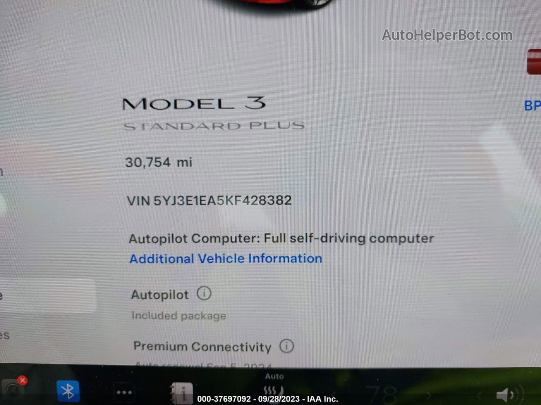 2019 Tesla Model 3 Range Red vin: 5YJ3E1EA5KF428382