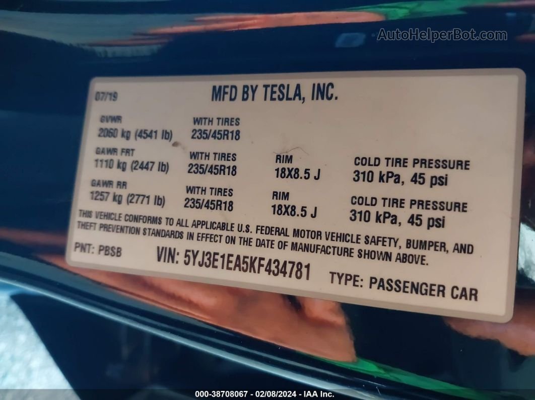 2019 Tesla Model 3 Long Range/mid Range/standard Range/standard Range Plus Black vin: 5YJ3E1EA5KF434781