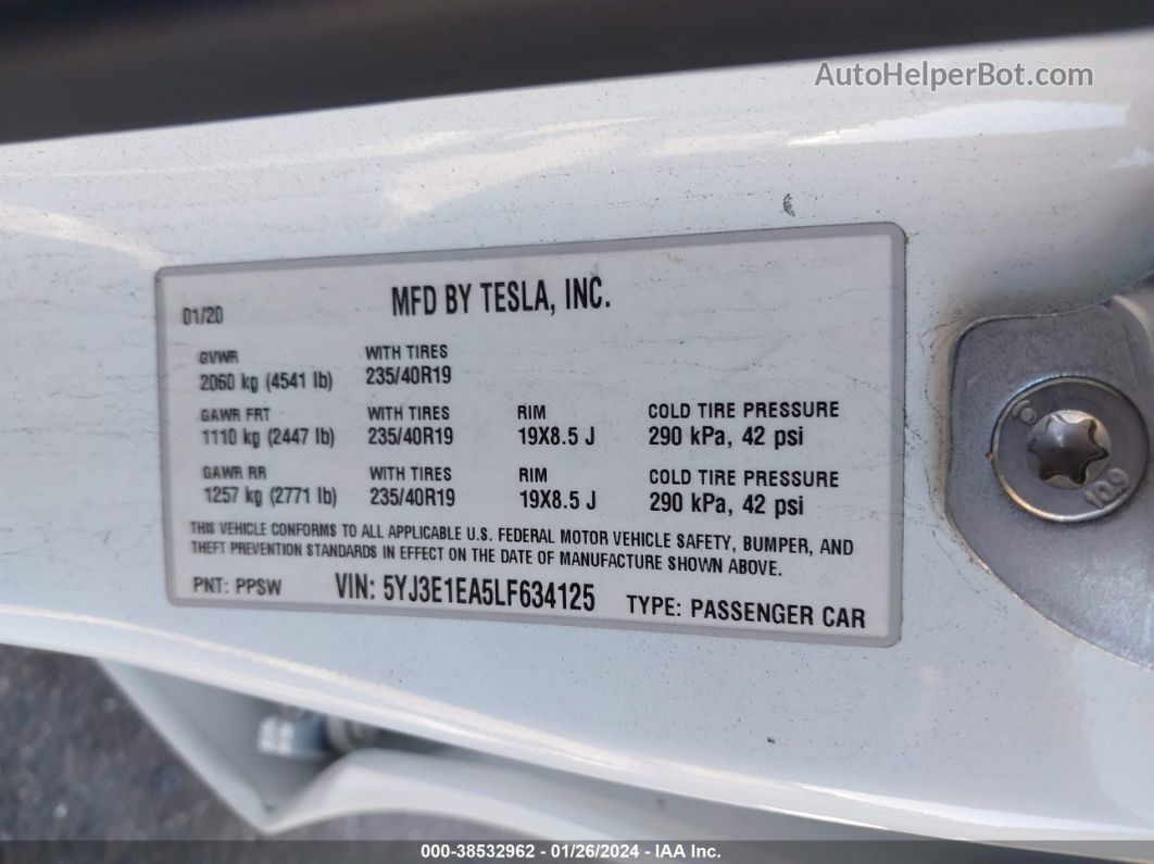 2020 Tesla Model 3 Standard Range Plus Rear-wheel Drive/standard Range Rear-wheel Drive White vin: 5YJ3E1EA5LF634125