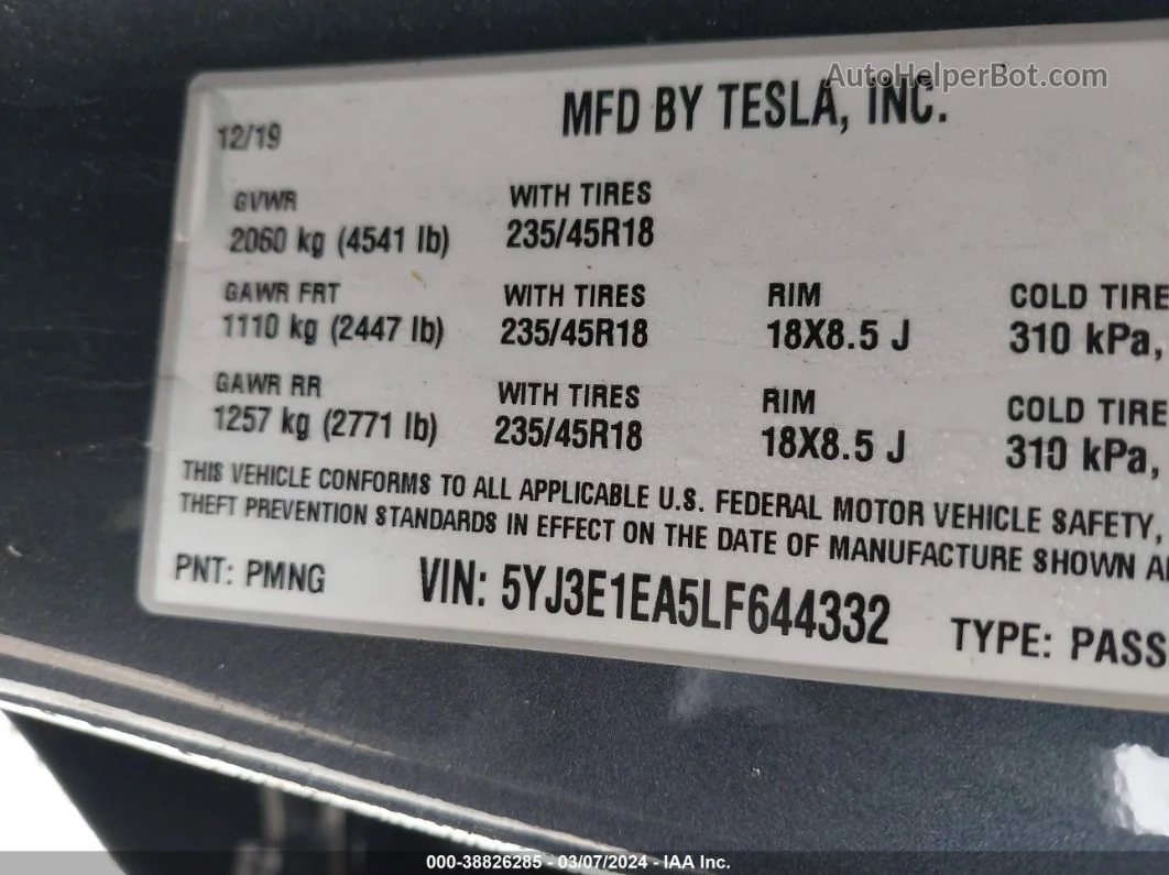 2020 Tesla Model 3 Standard Range Plus Rear-wheel Drive/standard Range Rear-wheel Drive Gray vin: 5YJ3E1EA5LF644332