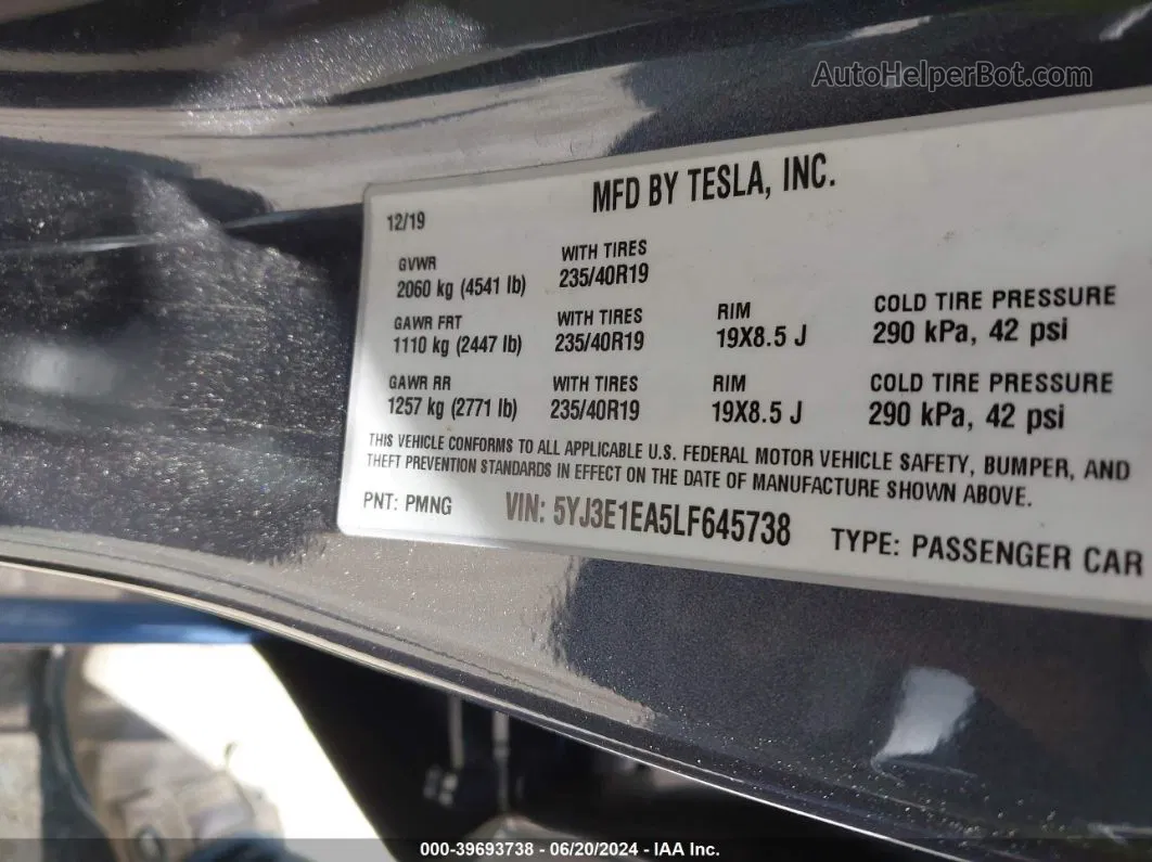 2020 Tesla Model 3 Standard Range Plus Rear-wheel Drive/standard Range Rear-wheel Drive Gray vin: 5YJ3E1EA5LF645738