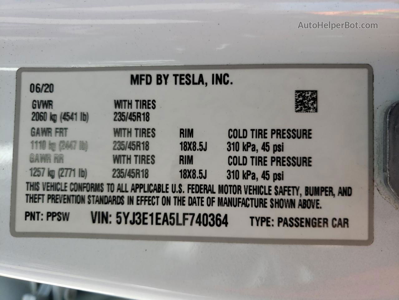 2020 Tesla Model 3  White vin: 5YJ3E1EA5LF740364