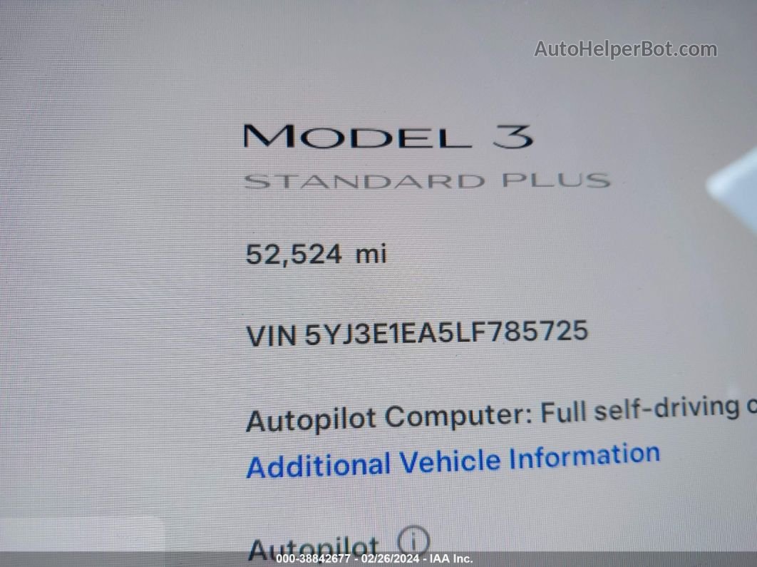 2020 Tesla Model 3 Standard Range Plus Rear-wheel Drive/standard Range Rear-wheel Drive Белый vin: 5YJ3E1EA5LF785725