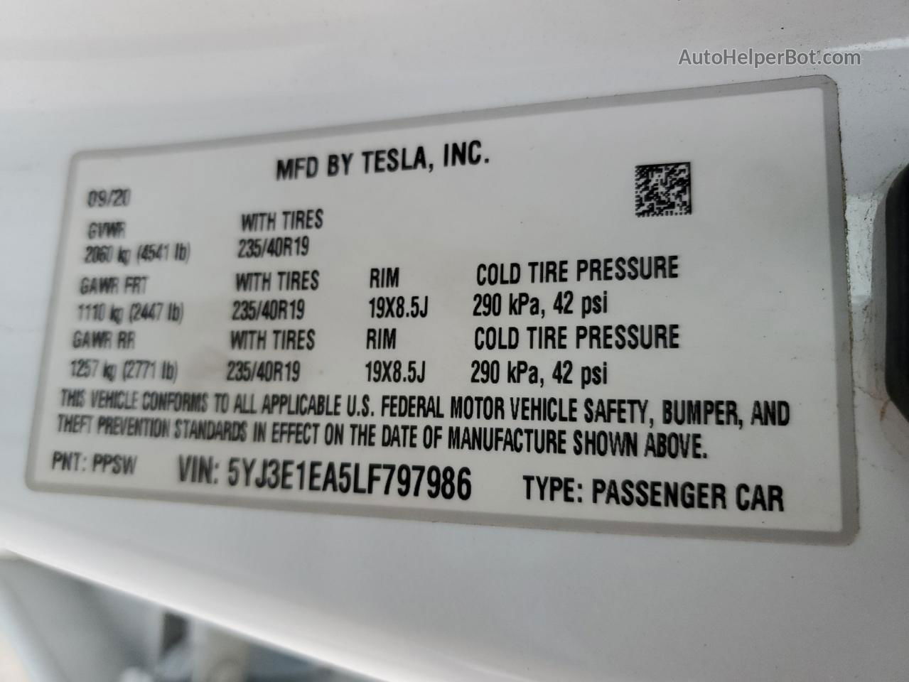 2020 Tesla Model 3  White vin: 5YJ3E1EA5LF797986