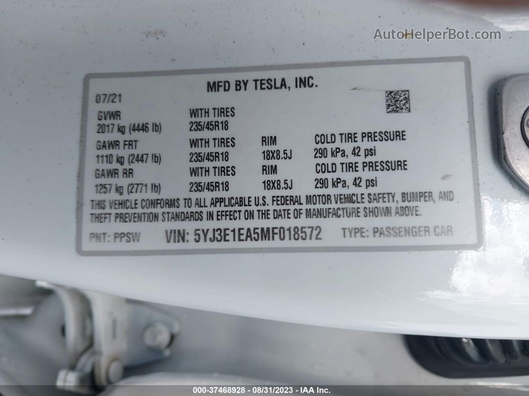 2021 Tesla Model 3 Standard Range Plus White vin: 5YJ3E1EA5MF018572
