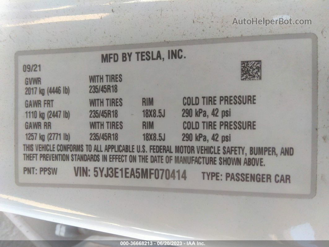 2021 Tesla Model 3 Standard Range Plus White vin: 5YJ3E1EA5MF070414