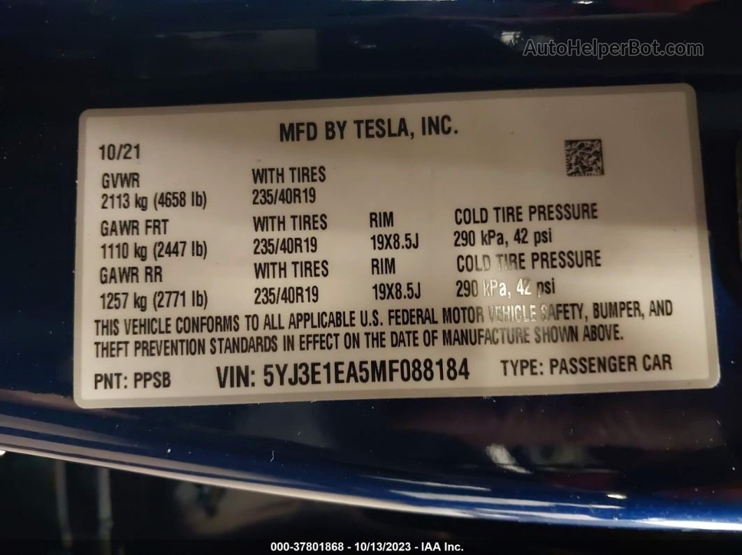 2021 Tesla Model 3 Standard Range Plus Blue vin: 5YJ3E1EA5MF088184