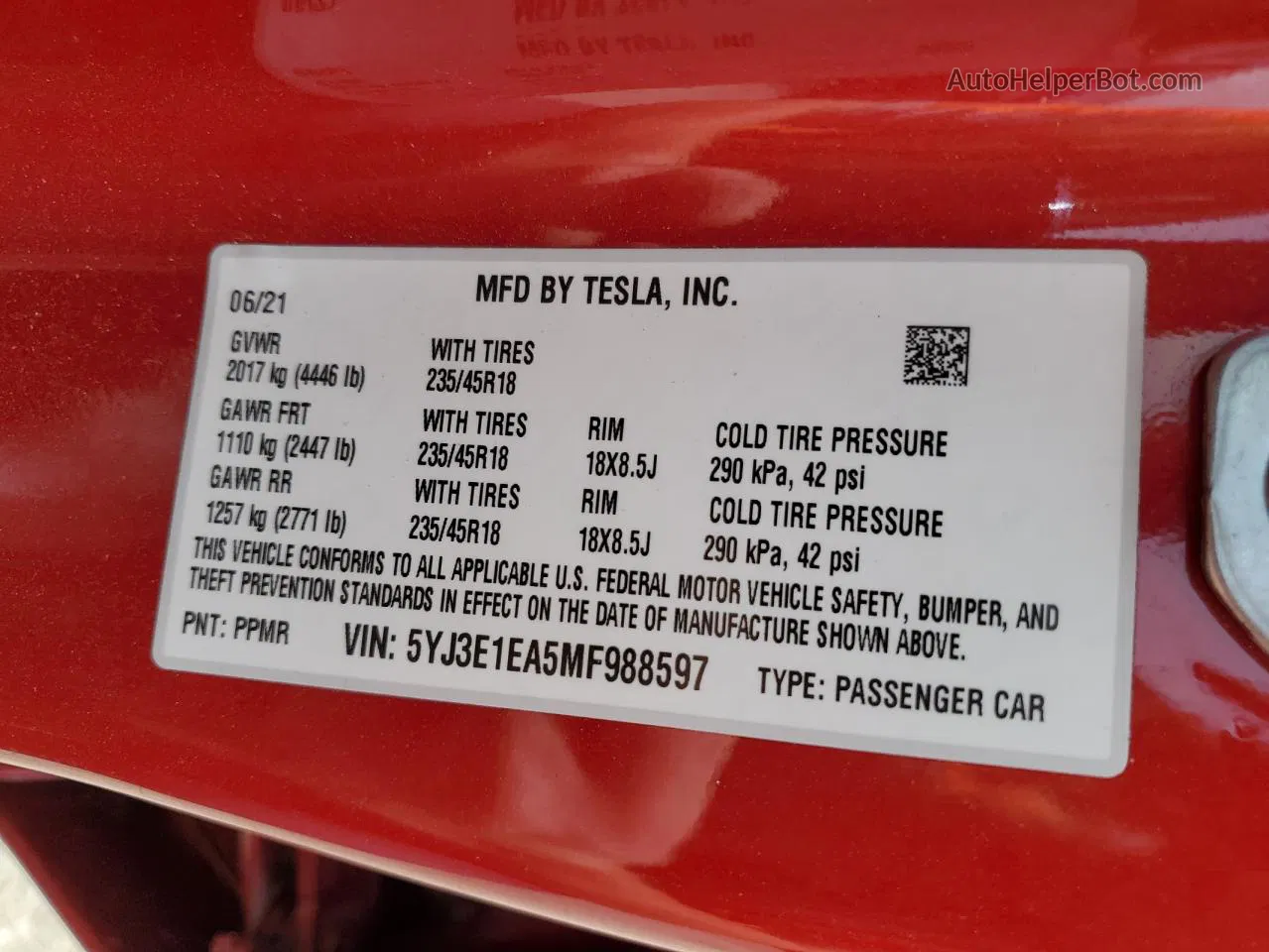 2021 Tesla Model 3  Красный vin: 5YJ3E1EA5MF988597