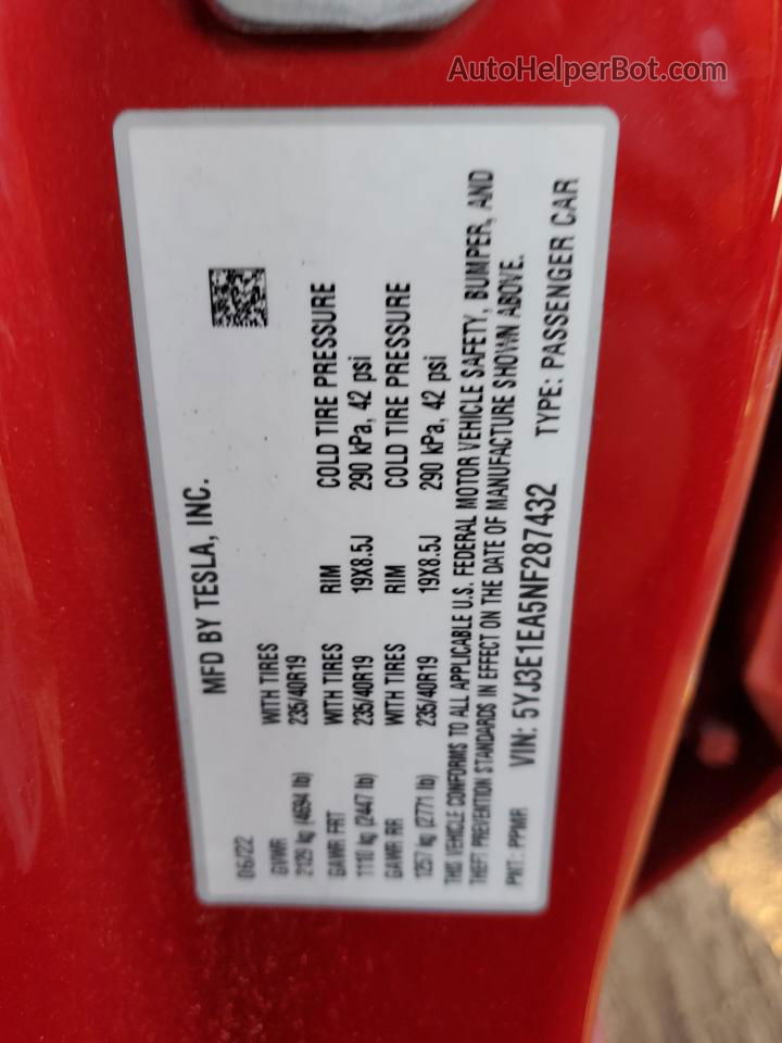 2022 Tesla Model 3  Red vin: 5YJ3E1EA5NF287432