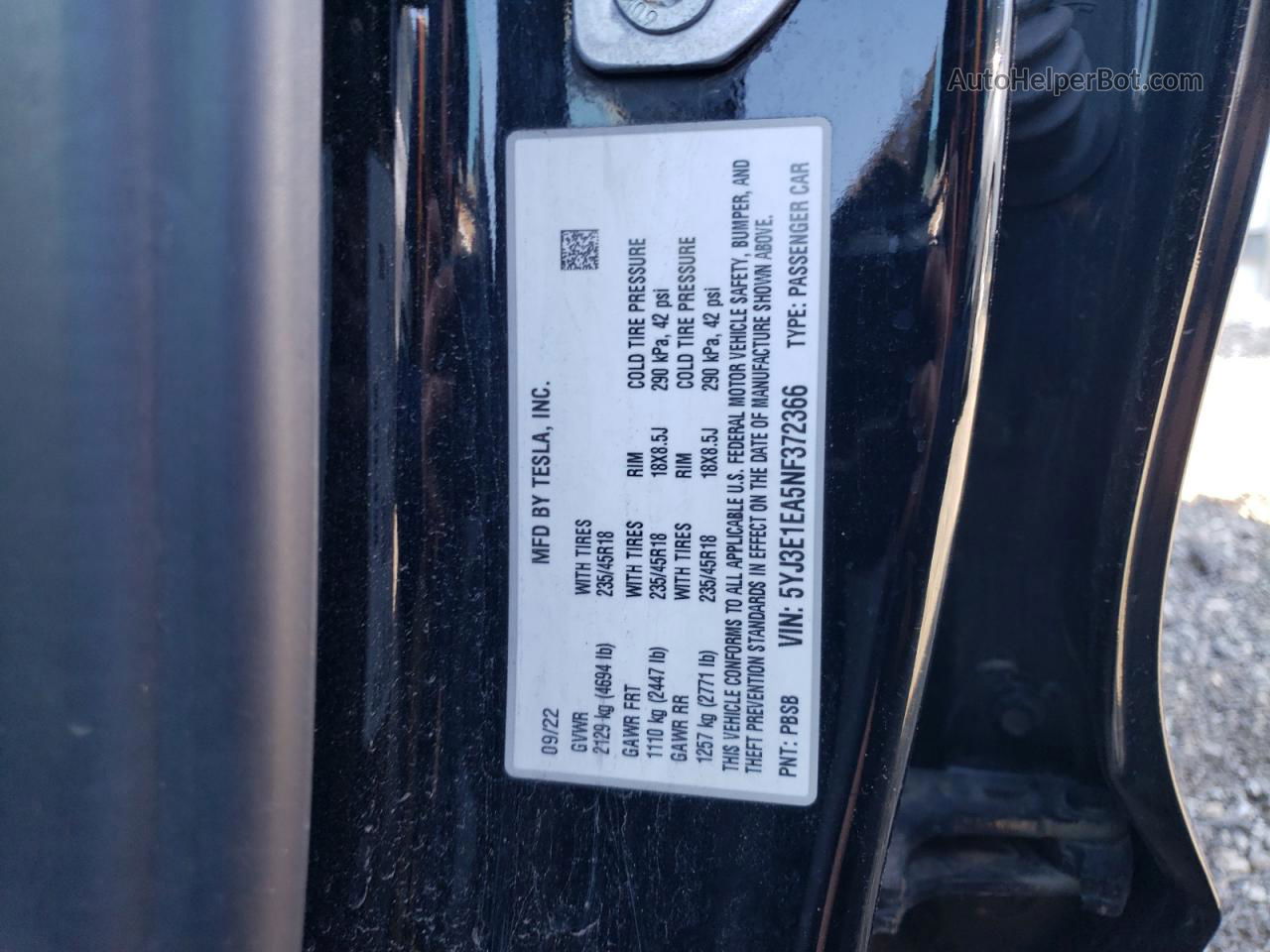 2022 Tesla Model 3  Black vin: 5YJ3E1EA5NF372366