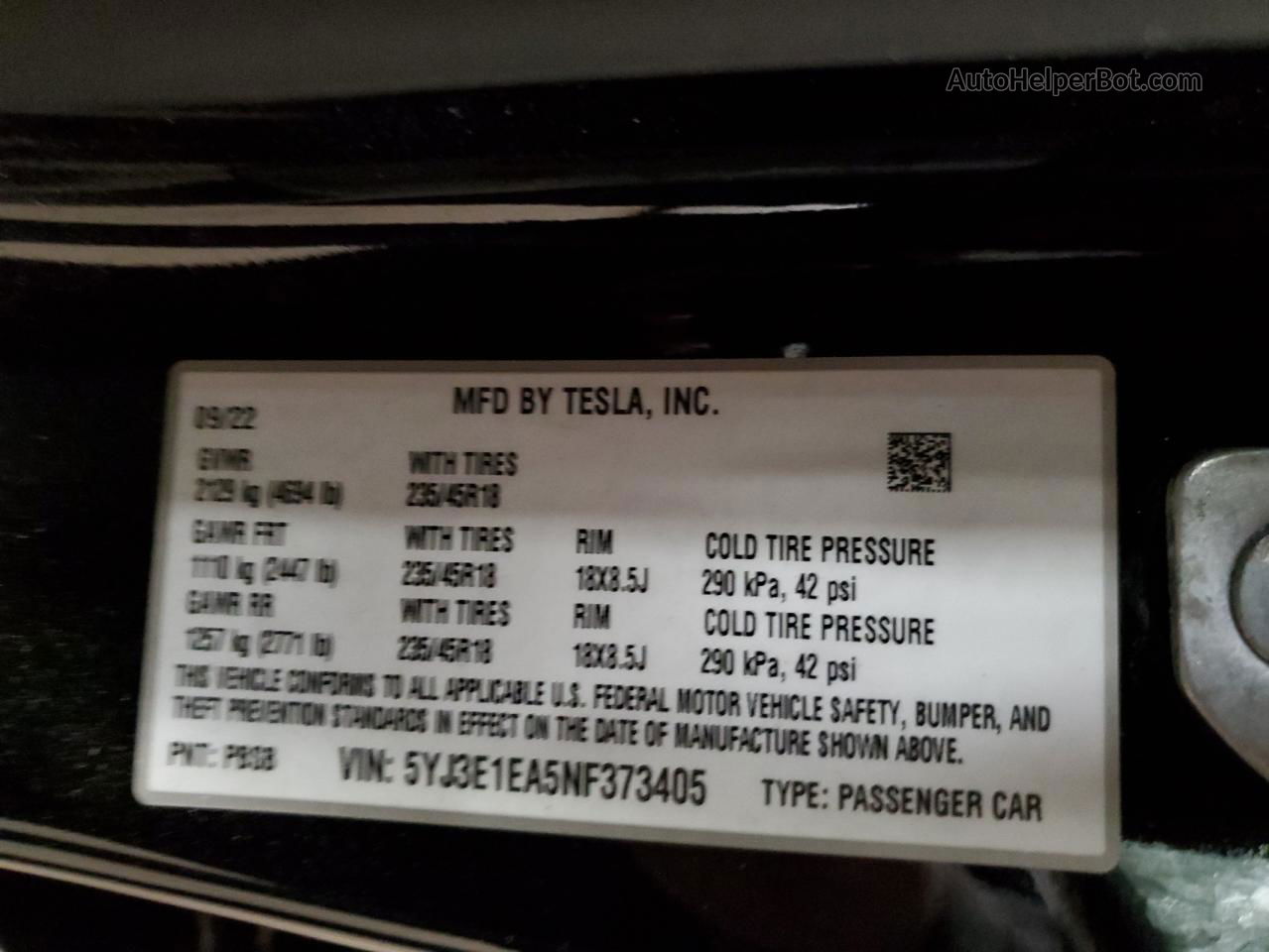 2022 Tesla Model 3  Black vin: 5YJ3E1EA5NF373405