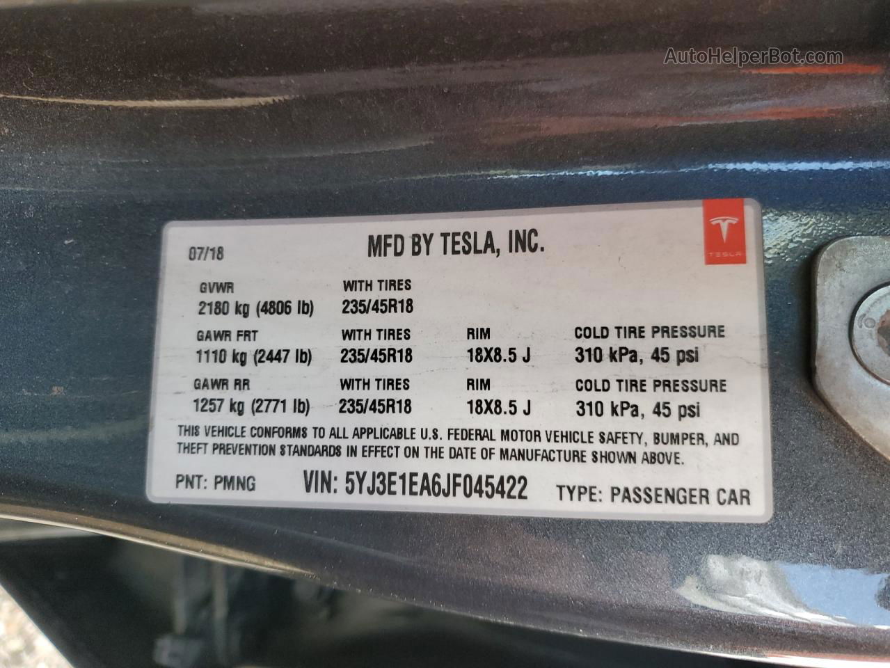 2018 Tesla Model 3  Серый vin: 5YJ3E1EA6JF045422