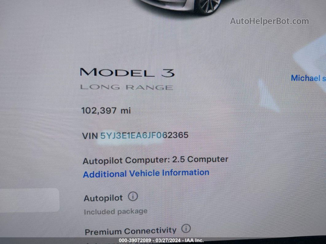 2018 Tesla Model 3 Long Range/mid Range White vin: 5YJ3E1EA6JF062365