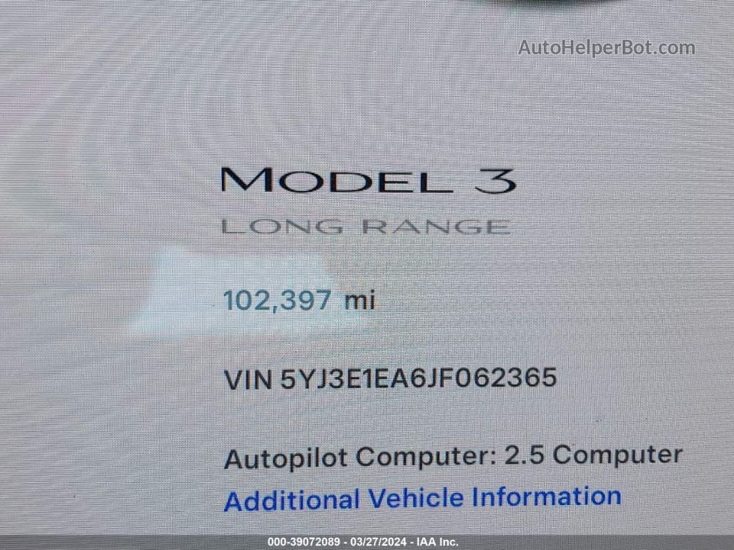 2018 Tesla Model 3 Long Range/mid Range White vin: 5YJ3E1EA6JF062365