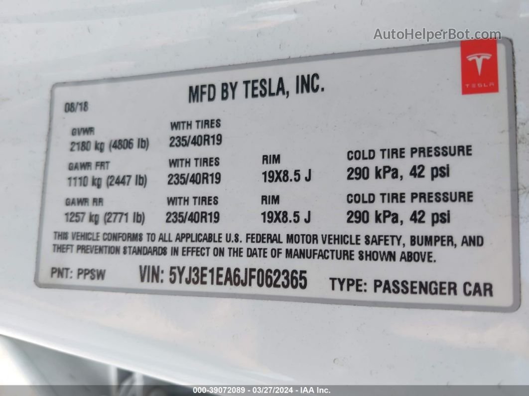 2018 Tesla Model 3 Long Range/mid Range White vin: 5YJ3E1EA6JF062365