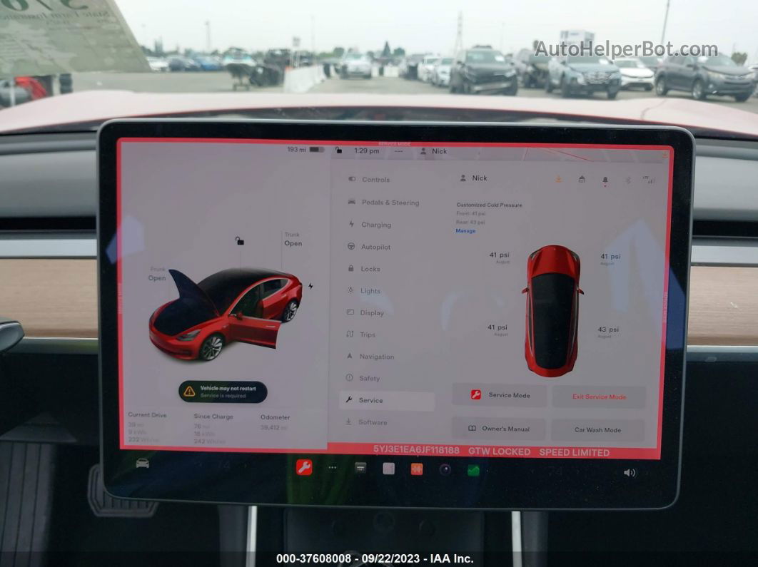 2018 Tesla Model 3 Range Battery Красный vin: 5YJ3E1EA6JF118188
