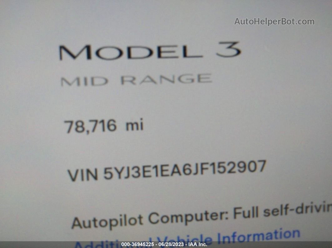 2018 Tesla Model 3 Range Battery Black vin: 5YJ3E1EA6JF152907
