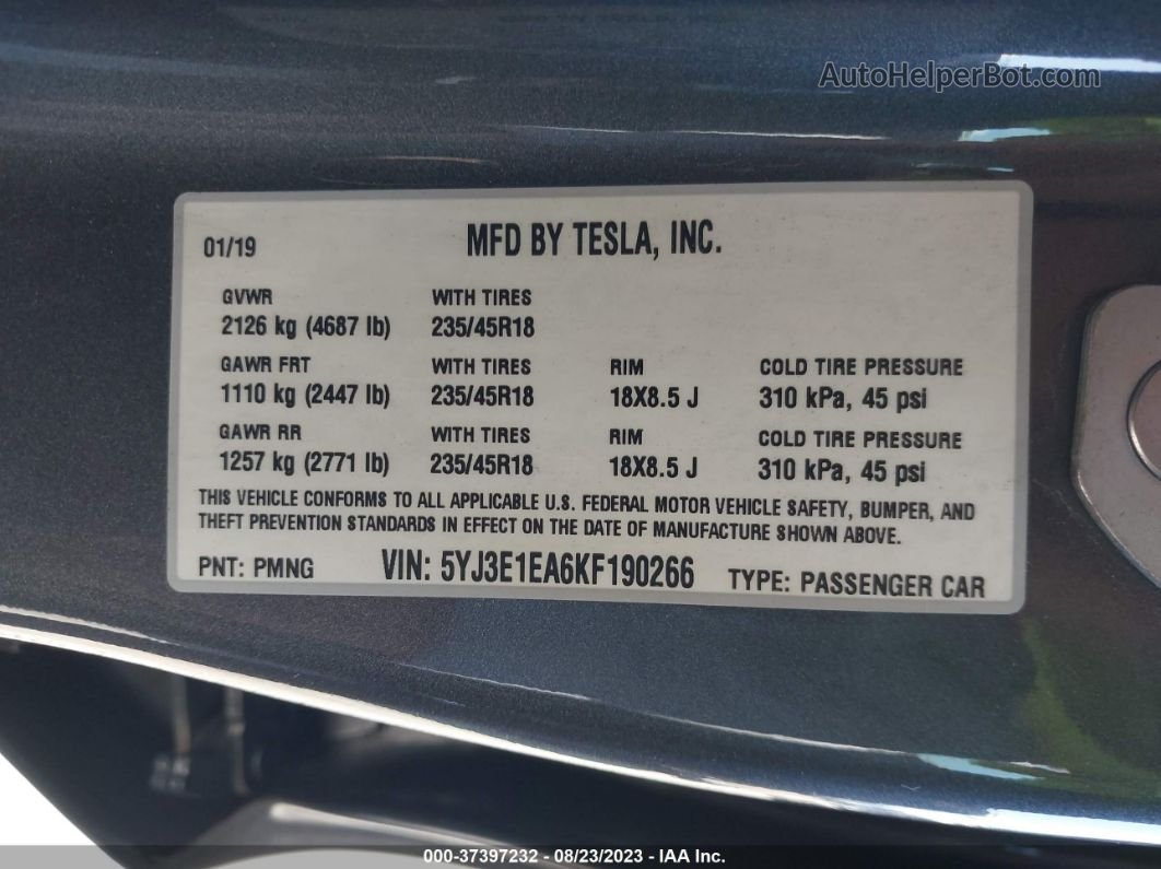 2019 Tesla Model 3 Mid Range/standard Range/standard Range Plus/long Range Серый vin: 5YJ3E1EA6KF190266