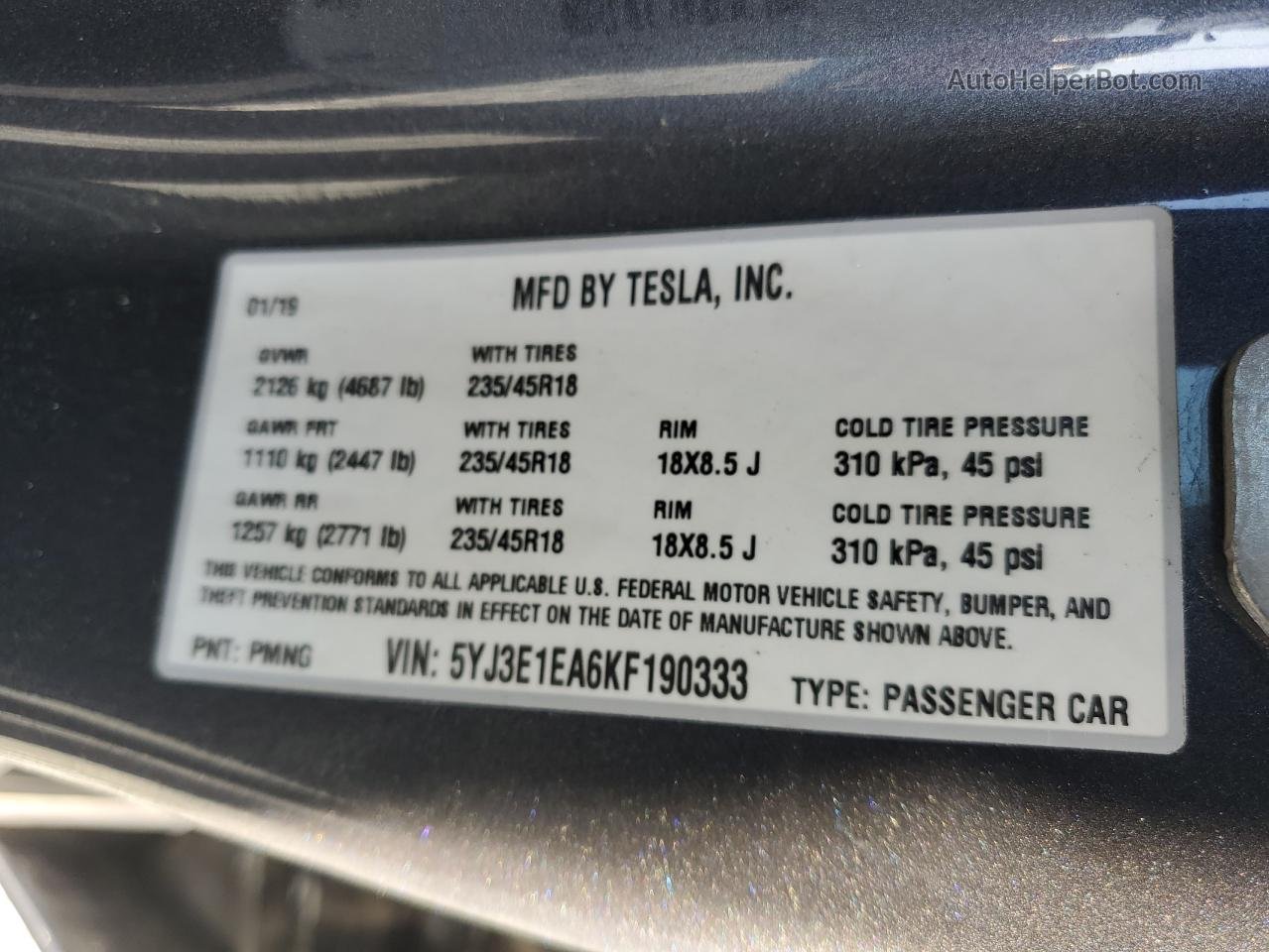 2019 Tesla Model 3  Gray vin: 5YJ3E1EA6KF190333