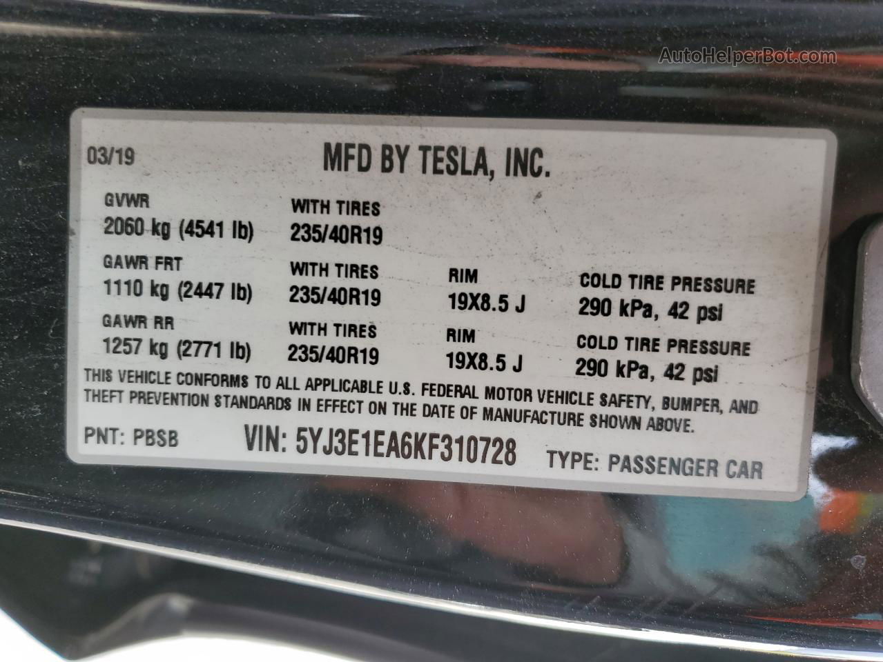 2019 Tesla Model 3  Black vin: 5YJ3E1EA6KF310728