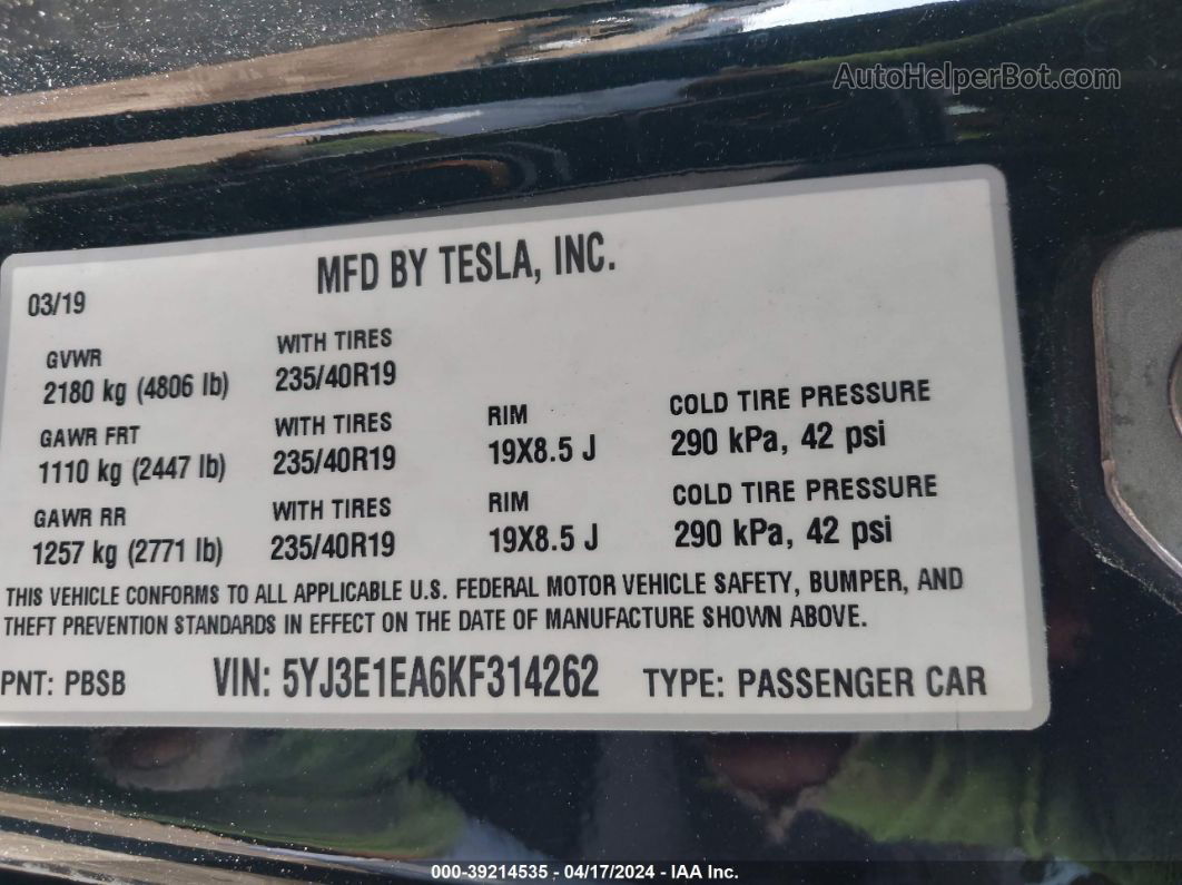 2019 Tesla Model 3 Long Range/mid Range/standard Range/standard Range Plus Черный vin: 5YJ3E1EA6KF314262