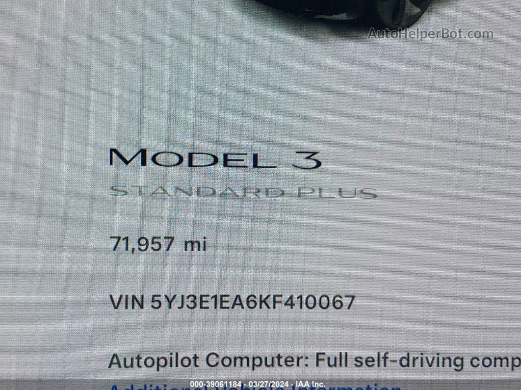 2019 Tesla Model 3 Long Range/mid Range/standard Range/standard Range Plus Black vin: 5YJ3E1EA6KF410067