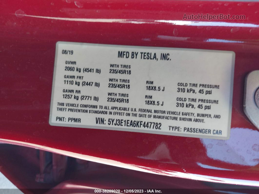 2019 Tesla Model 3   Red vin: 5YJ3E1EA6KF447782