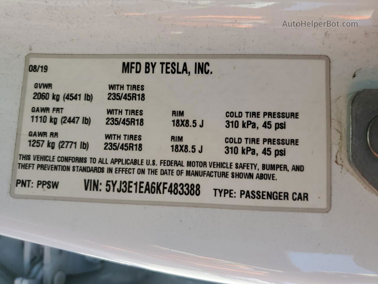 2019 Tesla Model 3  White vin: 5YJ3E1EA6KF483388