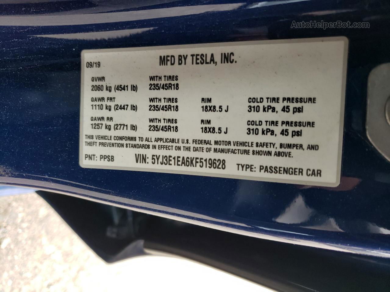 2019 Tesla Model 3  Blue vin: 5YJ3E1EA6KF519628