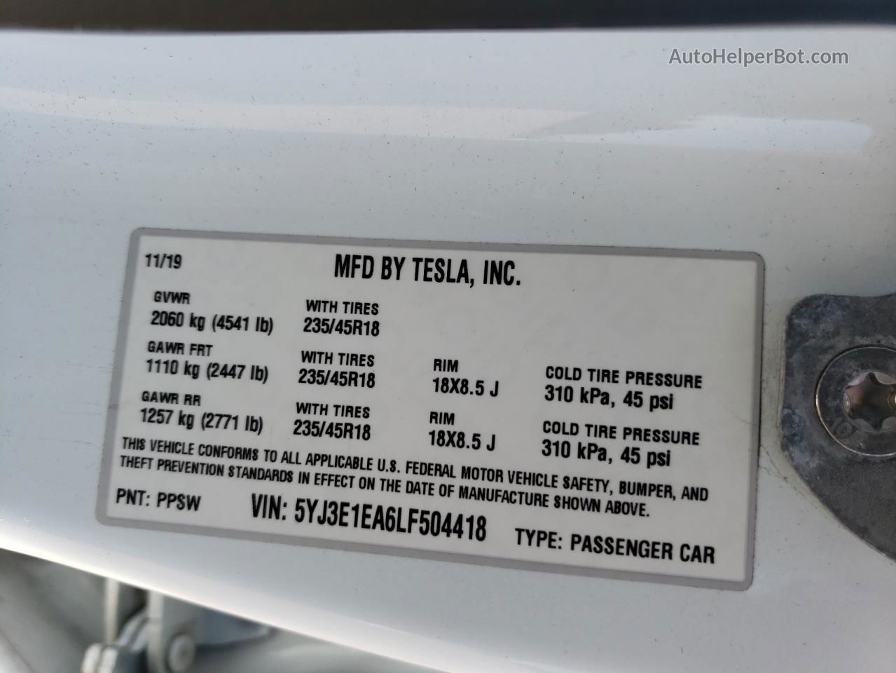 2020 Tesla Model 3  White vin: 5YJ3E1EA6LF504418