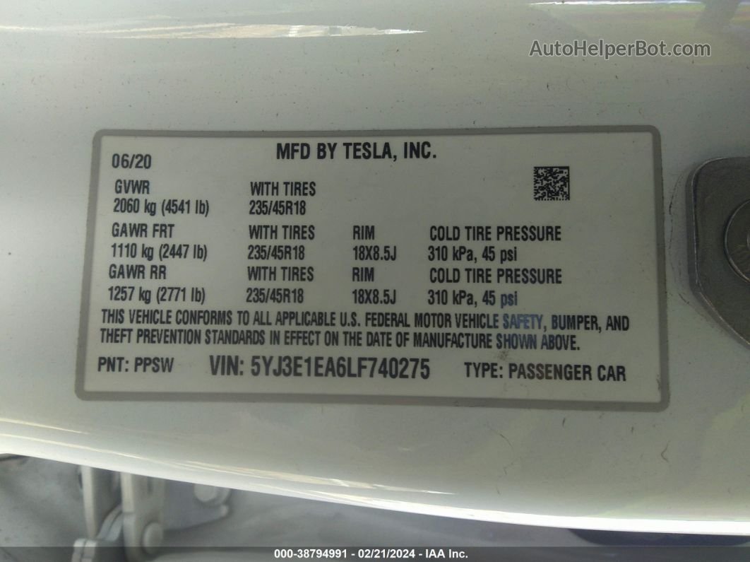 2020 Tesla Model 3 Standard Range Plus Rear-wheel Drive/standard Range Rear-wheel Drive White vin: 5YJ3E1EA6LF740275