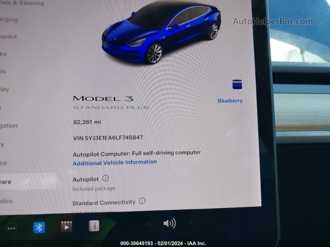 2020 Tesla Model 3 Standard Range Plus Rear-wheel Drive/standard Range Rear-wheel Drive Синий vin: 5YJ3E1EA6LF745847