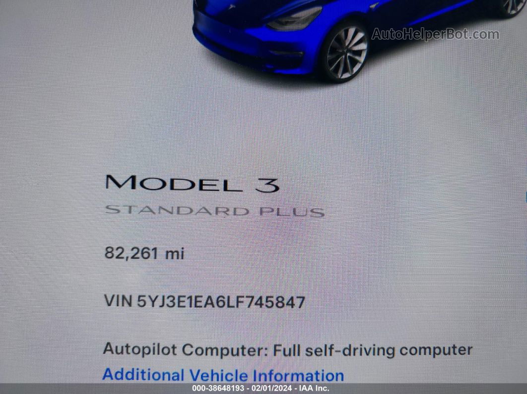 2020 Tesla Model 3 Standard Range Plus Rear-wheel Drive/standard Range Rear-wheel Drive Синий vin: 5YJ3E1EA6LF745847