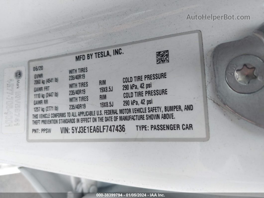 2020 Tesla Model 3 Standard Range Plus Rear-wheel Drive/standard Range Rear-wheel Drive Белый vin: 5YJ3E1EA6LF747436