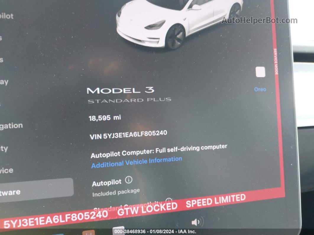 2020 Tesla Model 3 Standard Range Plus Rear-wheel Drive/standard Range Rear-wheel Drive Белый vin: 5YJ3E1EA6LF805240