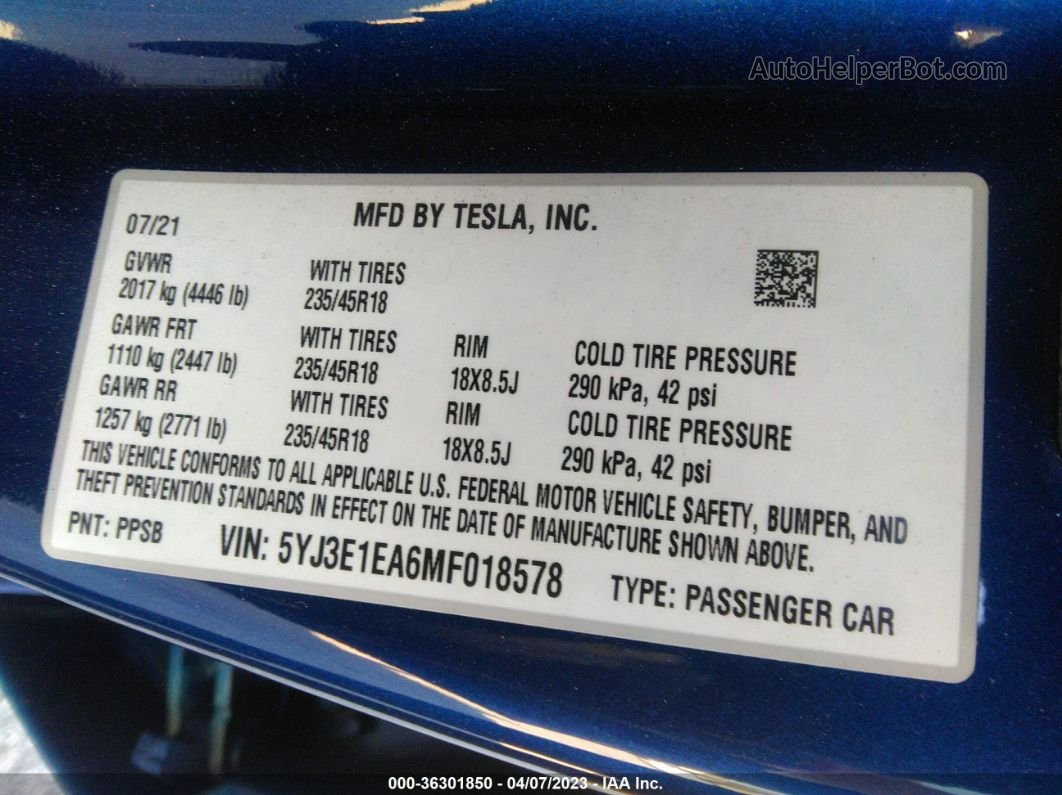 2021 Tesla Model 3 Standard Range Plus Blue vin: 5YJ3E1EA6MF018578
