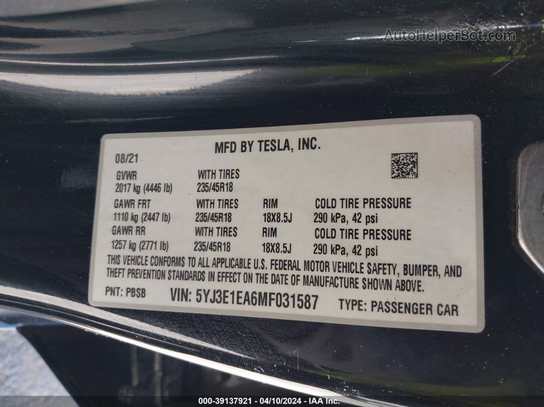 2021 Tesla Model 3 Standard Range Plus Rear-wheel Drive Black vin: 5YJ3E1EA6MF031587