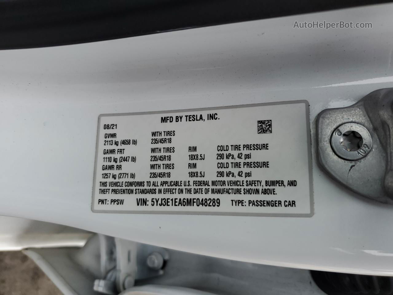 2021 Tesla Model 3  White vin: 5YJ3E1EA6MF048289