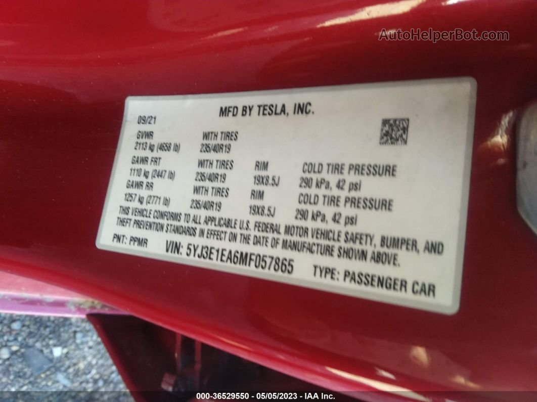 2021 Tesla Model 3 Standard Range Plus Red vin: 5YJ3E1EA6MF057865