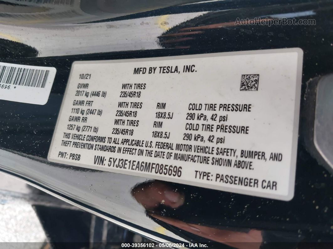 2021 Tesla Model 3 Standard Range Plus Rear-wheel Drive Черный vin: 5YJ3E1EA6MF085696