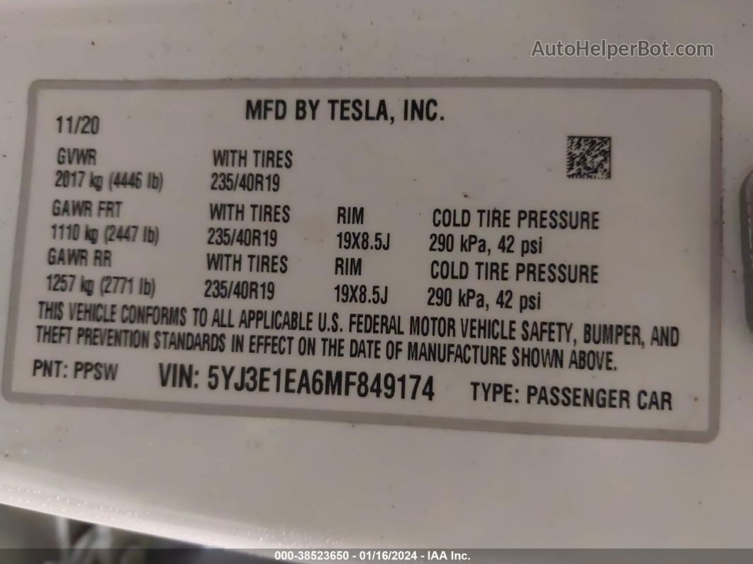 2021 Tesla Model 3 Standard Range Plus Rear-wheel Drive Белый vin: 5YJ3E1EA6MF849174