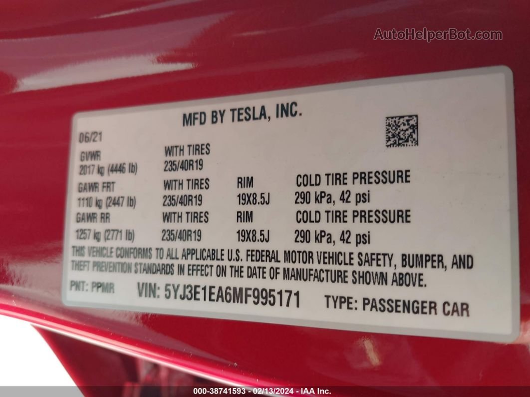 2021 Tesla Model 3 Standard Range Plus Rear-wheel Drive Red vin: 5YJ3E1EA6MF995171