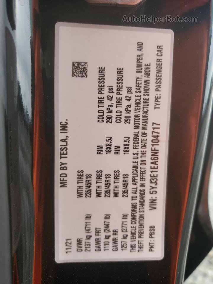 2022 Tesla Model 3  Black vin: 5YJ3E1EA6NF104717